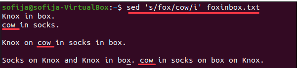 sed 's/fox/cow/i' foxinbox.txt